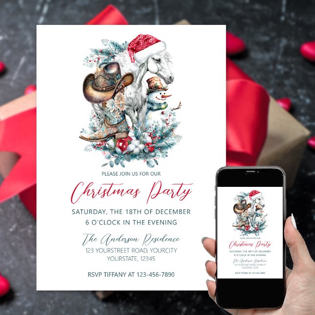 Christmas horse in Santa hat cowgirl cowboy boots  Invitation (Horse cowgirl cowboy themed Christmas party invitation, horse lover Christmas, equestrian.)