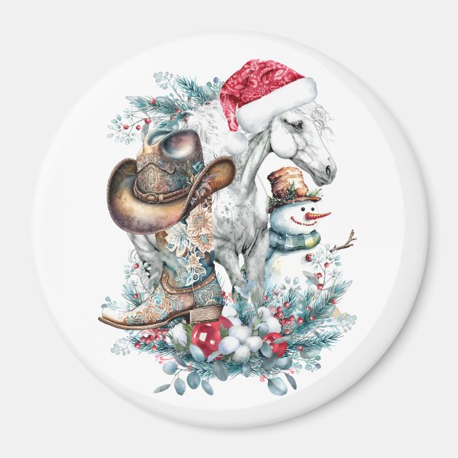 Christmas horse in Santa hat cowgirl cowboy boots  Magnet (Front)