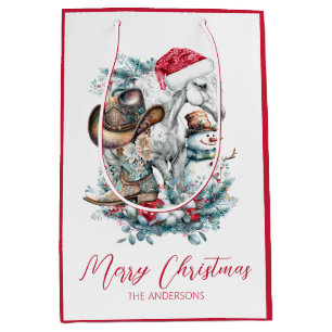 Christmas horse in Santa hat cowgirl cowboy boots Medium Gift Bag