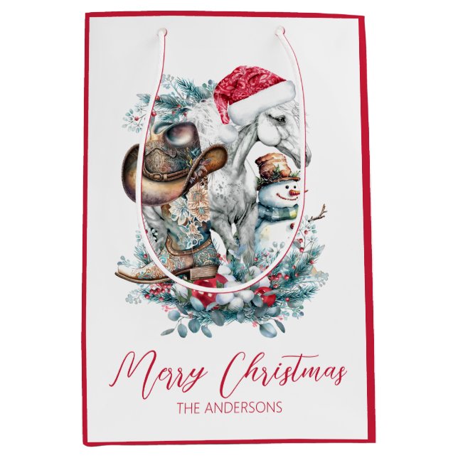 Christmas horse in Santa hat cowgirl cowboy boots  Medium Gift Bag (Front)