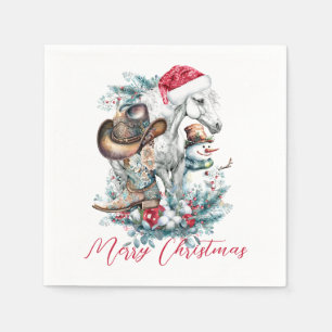 Christmas horse in Santa hat cowgirl cowboy boots  Napkin
