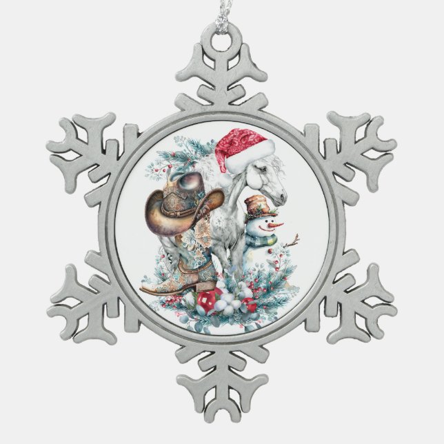 Christmas horse in Santa hat cowgirl cowboy boots  Snowflake Pewter Christmas Ornament (Front)