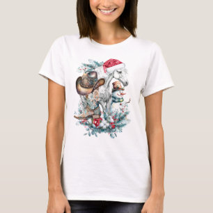Christmas horse in Santa hat cowgirl cowboy boots  T-Shirt
