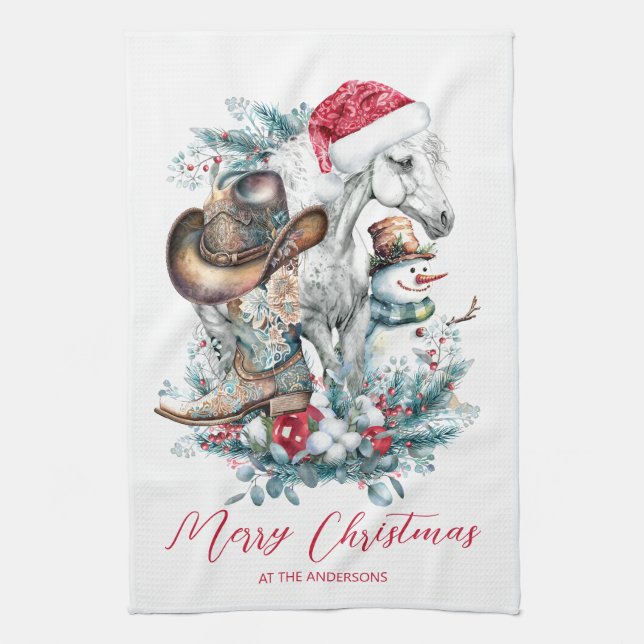 Christmas horse in Santa hat cowgirl cowboy boots  Tea Towel (Vertical)