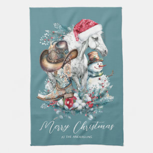 Christmas horse in Santa hat cowgirl cowboy boots Tea Towel