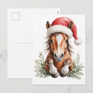 Christmas horse in Santa hat Holiday Postcard