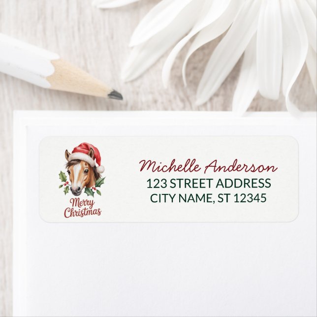 Christmas horse in Santa hat Return Address (Insitu)