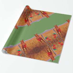 Christmas Horse Red bow & stocking green Stripes Wrapping Paper