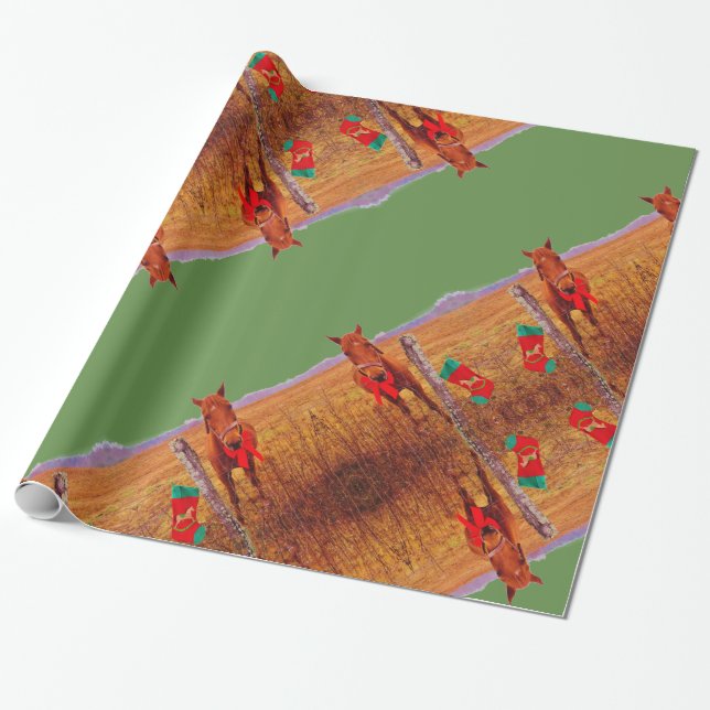 Christmas Horse Red bow & stocking green Stripes Wrapping Paper (Unrolled)
