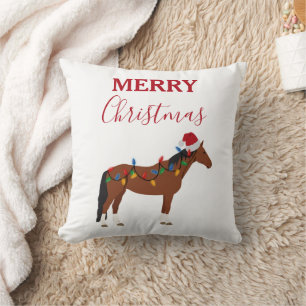 Christmas Horse Santa Hat Xmas Lights  Cushion