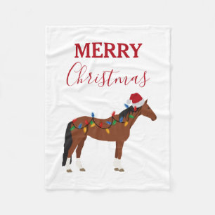 Christmas Horse Santa Hat Xmas Lights Fleece Blanket