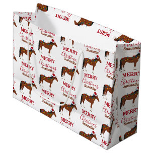 Christmas Horse Santa Hat Xmas Lights Large Gift Bag