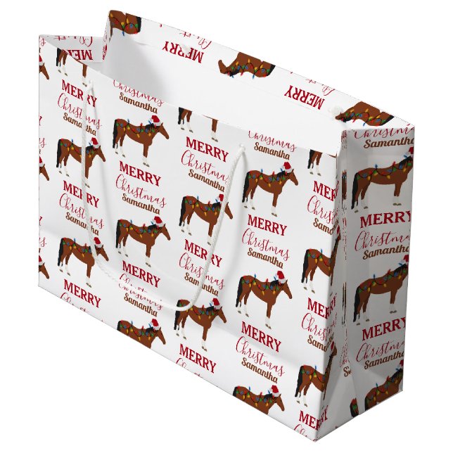 Christmas Horse Santa Hat Xmas Lights Large Gift Bag (Front Angled)