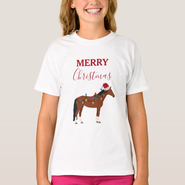 Christmas Horse Santa Hat Xmas Lights  T-Shirt (Front)