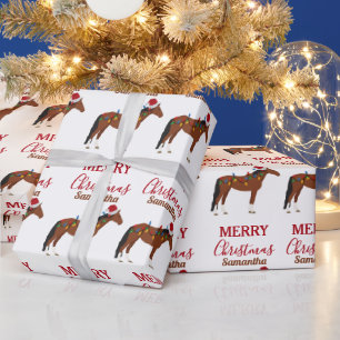 Christmas Horse Santa Hat Xmas Lights Wrapping Paper