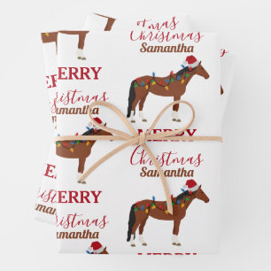 Christmas Horse Santa Hat Xmas Lights Wrapping Paper Sheet