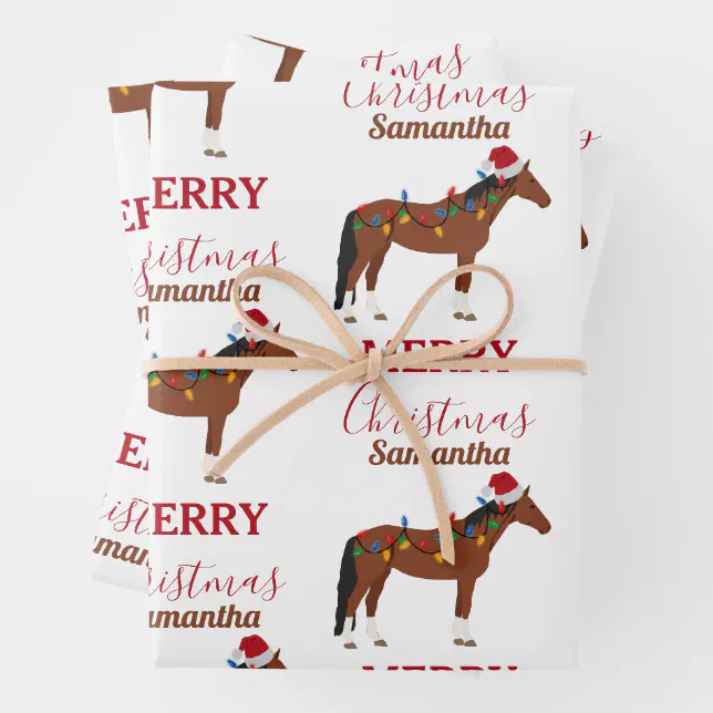 Christmas Horse Santa Hat Xmas Lights Wrapping Paper Sheet | Zazzle