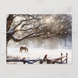 Christmas Horse Snow Cardinals Country Scene Cute Holiday Postcard