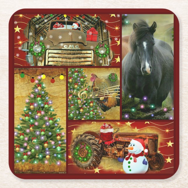 Christmas Horse Snowman truck tractor Square Paper Coaster (Front)