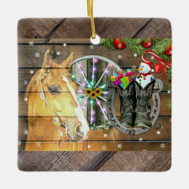 Christmas Horse Wagon Wheel Cowboy Boots Garland Ceramic Ornament (Front)