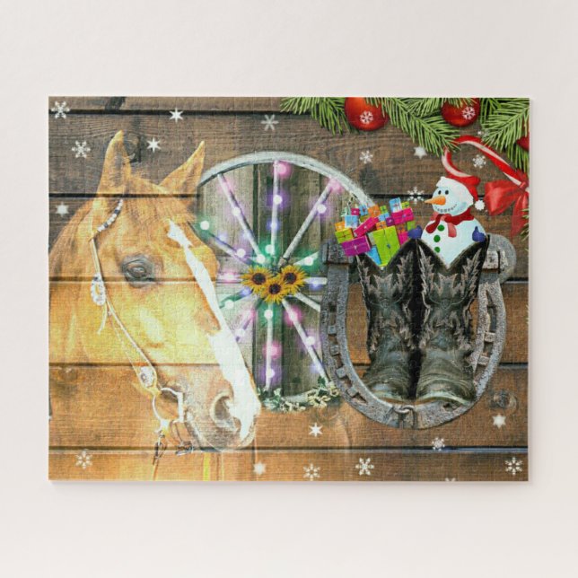 Christmas Horse Wagon Wheel Cowboy Boots Garland Jigsaw Puzzle (Horizontal)