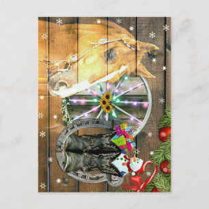 Christmas Horse Wagon Wheel Cowboy Boots Garland Postcard