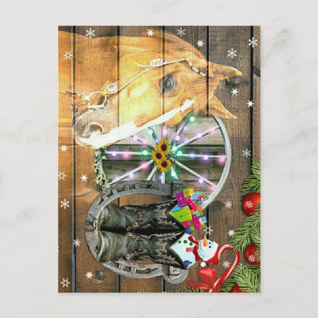 Christmas Horse Wagon Wheel Cowboy Boots Garland Postcard (Front)