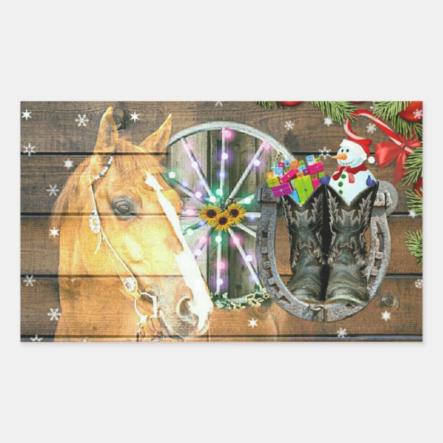 Christmas Horse Wagon Wheel Cowboy Boots Garland Rectangular Sticker (Front)