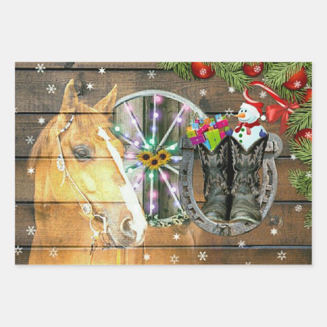 Christmas Horse Wagon Wheel Cowboy Boots Garland Wrapping Paper Sheet (Front)