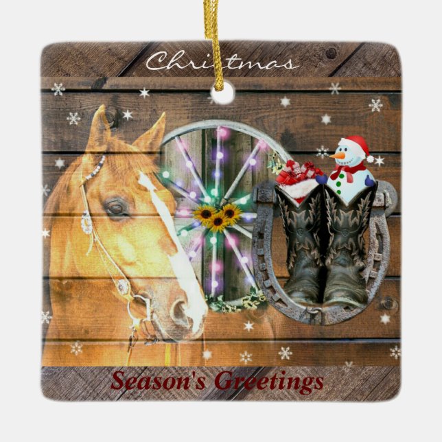 Christmas Horse Wagon Wheel Cowboy Boots Horseshoe Ceramic Ornament (Front)