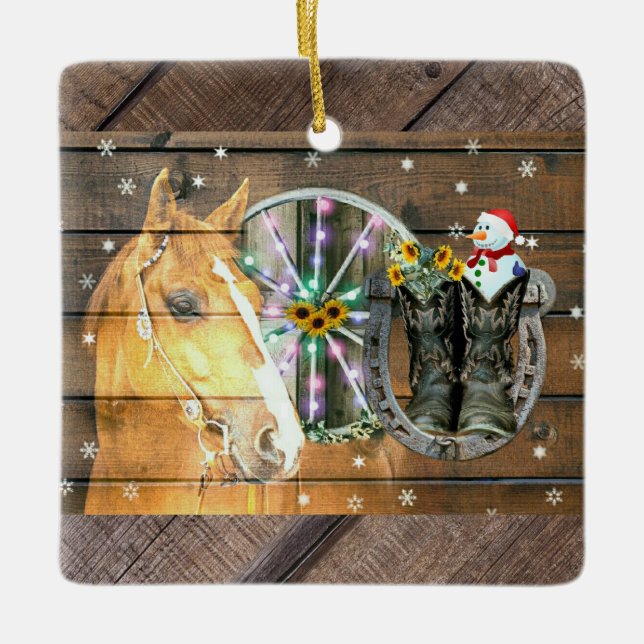 Christmas Horse Wagon Wheel Cowboy Boots Horseshoe Ceramic Ornament (Front)