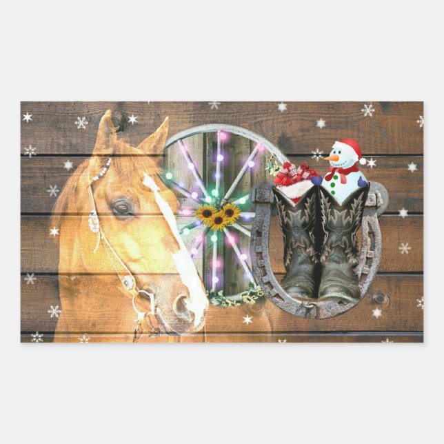 Christmas Horse Wagon Wheel Cowboy Boots Horseshoe Rectangular Sticker (Front)