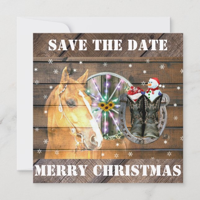 Christmas Horse Wagon Wheel Cowboy Boots Horseshoe Save The Date (Front)