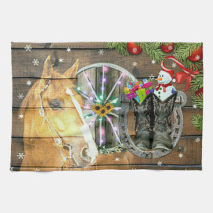 Christmas Horse Wagon Wheel Cowboy Boots Horseshoe Tea Towel