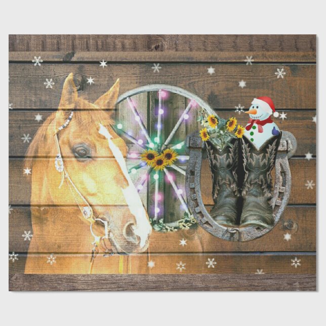 Christmas Horse Wagon Wheel Cowboy Boots Horseshoe Wrapping Paper (Flat)