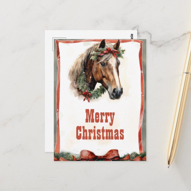 Christmas Horse Watercolor Postcard (Front/Back In Situ)