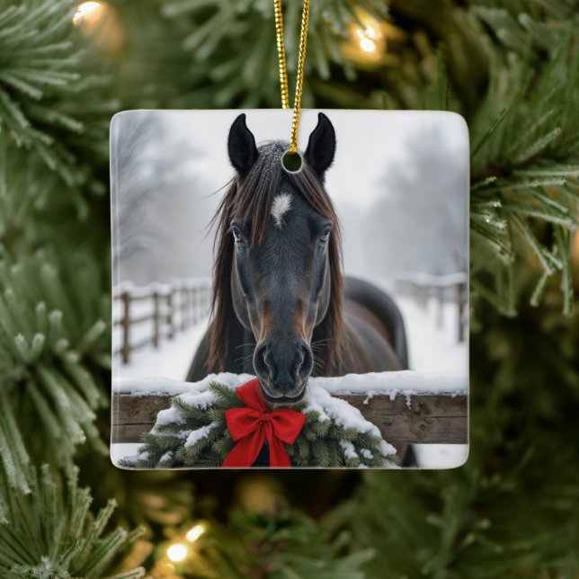 Christmas Horse With a Wreath on a Fence Ceramic Ornament (Tree)