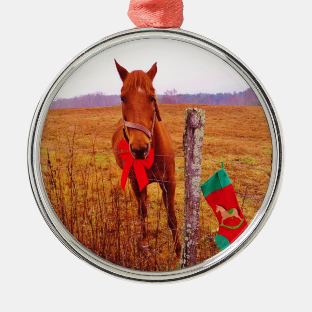 Christmas Horse with bow & stocking Metal Tree Decoration (Front)