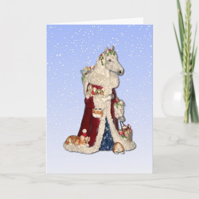 Christmas Horse with Corgi Elves Greeting Card (Front)