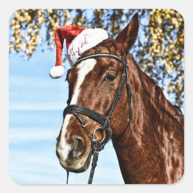 Christmas horse with hat square sticker (Front)