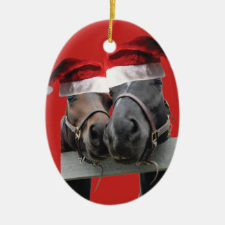 Christmas Horses in Santa Claus Hats Ceramic Tree Decoration