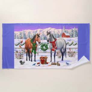 Christmas Horses in Snow Beach Towel