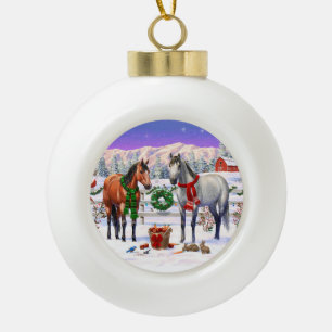 Christmas Horses in Snow Ceramic Ball Christmas Ornament