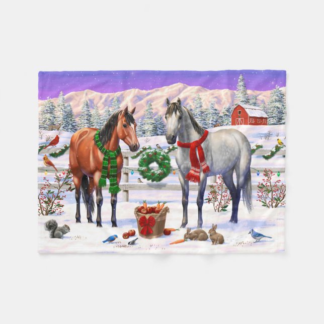 Christmas Horses in Snow Fleece Blanket (Front (Horizontal))
