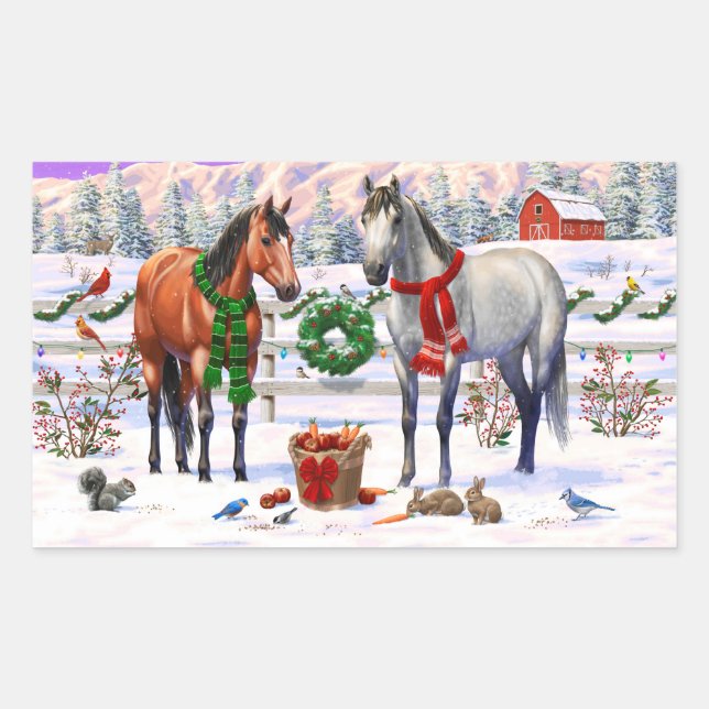 Christmas Horses in Snow Rectangular Sticker (Front)