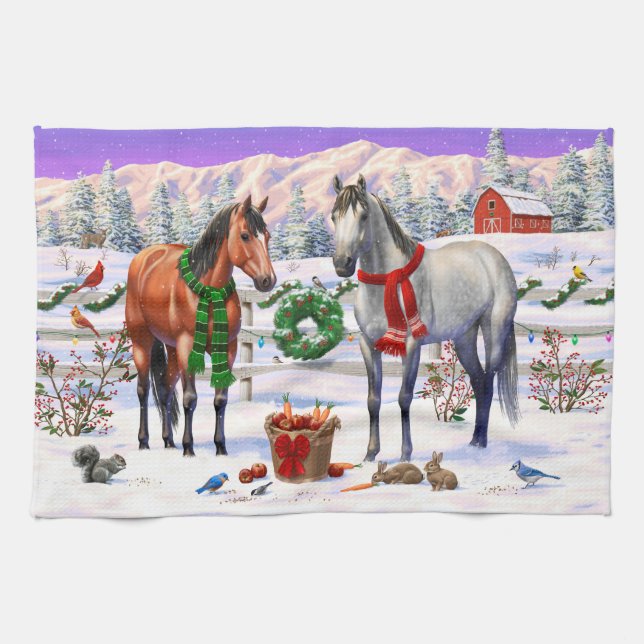 Christmas Horses in Snow Tea Towel (Horizontal)