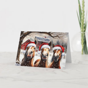 Christmas Horses in Snow with Cute Santa Hats Card