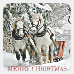Christmas Horses Pulling Sleigh Through Snow Square Sticker