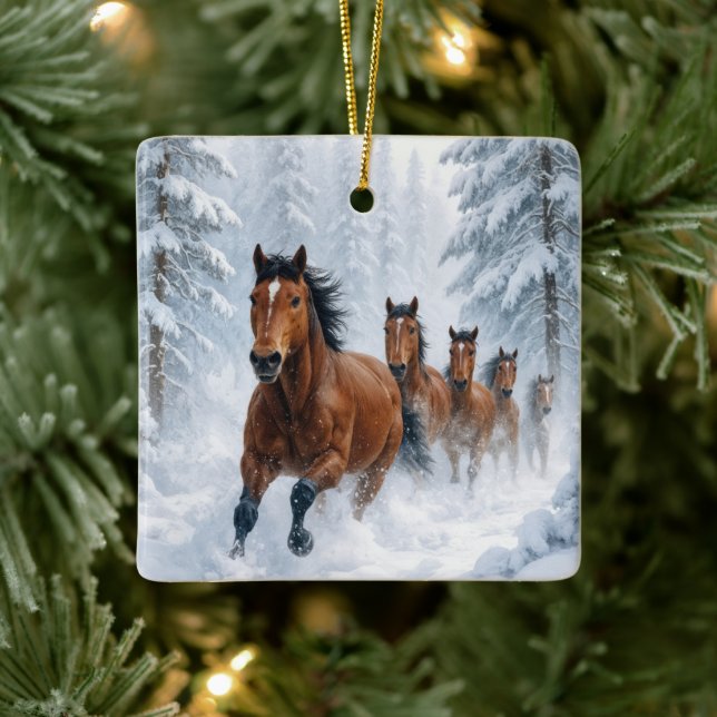 Christmas Horses Running Through a Snowy Forest Ceramic Ornament (Tree)