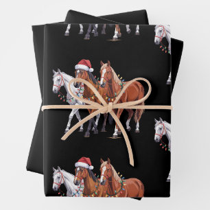 Christmas Horses Santa Hat Xmas Lights Equestrian Wrapping Paper Sheet